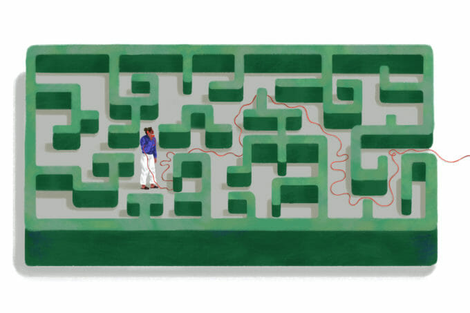 Ilustrație cu o persoană într-un labirint, cu un receptor de telefon fix